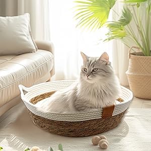 Rukuapid Rattan Cat Basket Bed – Wicker Round Pet Nest with Cotton Cushion