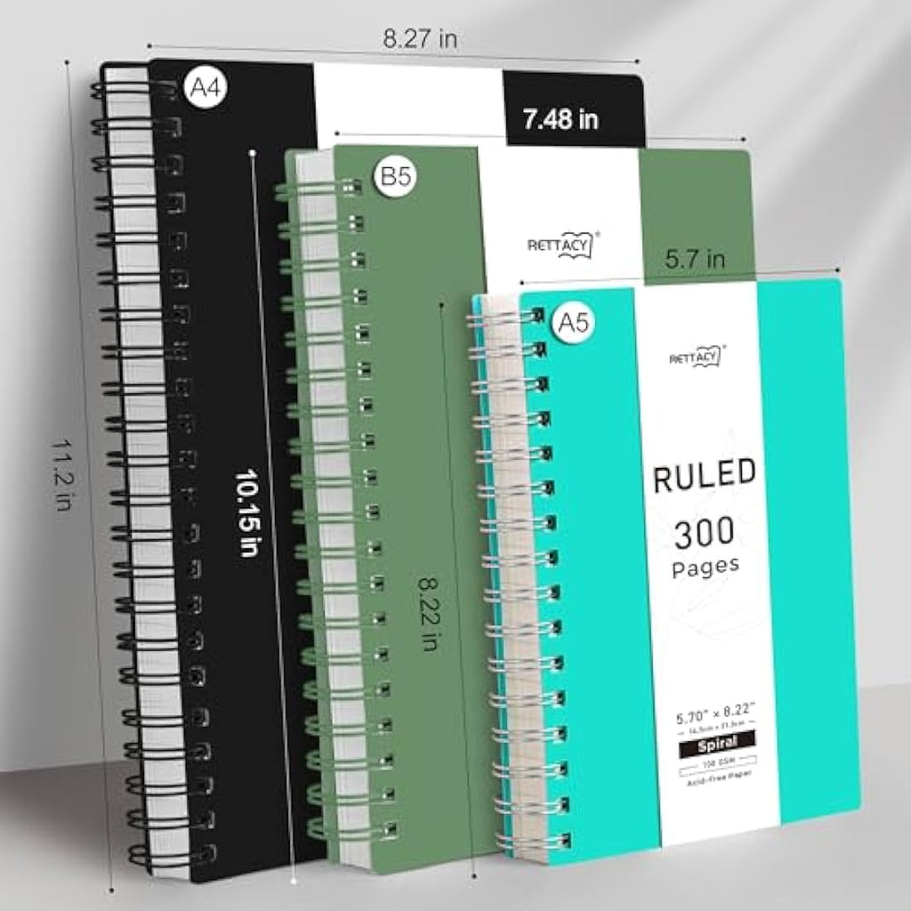 RETTACY A5 Spiral Notebook | 300 Pages College Ruled 100gsm Paper – Black