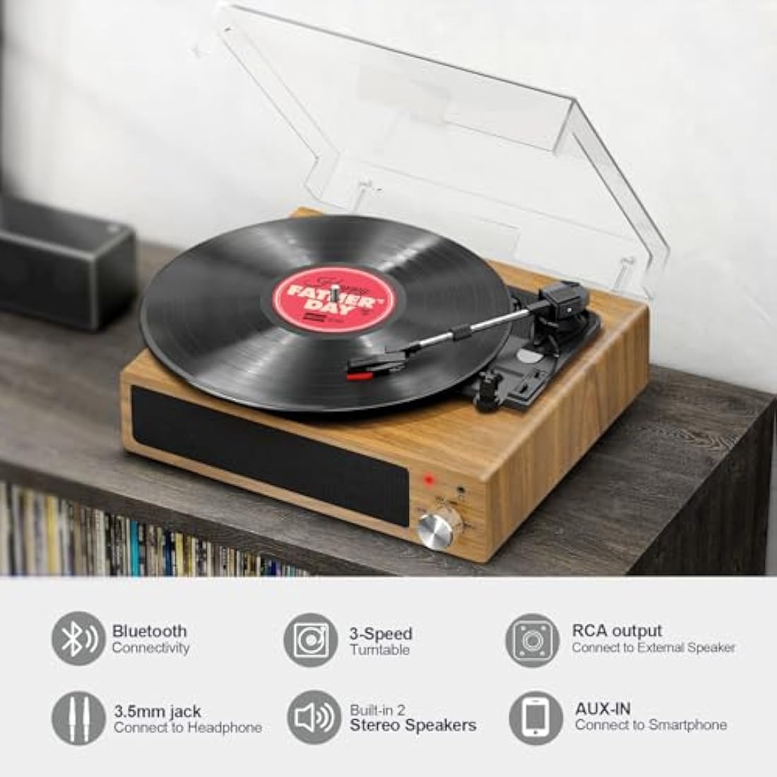 FYDEE Vinyl Record Player – 3-Speed Bluetooth Turntable, Natural Wood