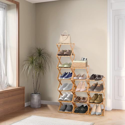 Akloya 7-Tier Bamboo Shoe Rack | Foldable Vertical Space Saving Organizer