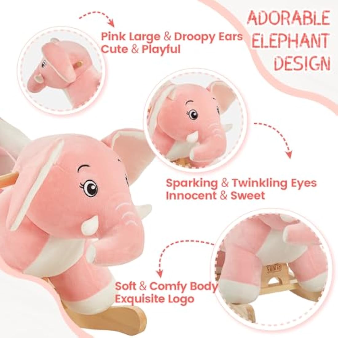 FUNLIO Pink Elephant Rocking Horse - Plush Ride-on Toy for Toddlers