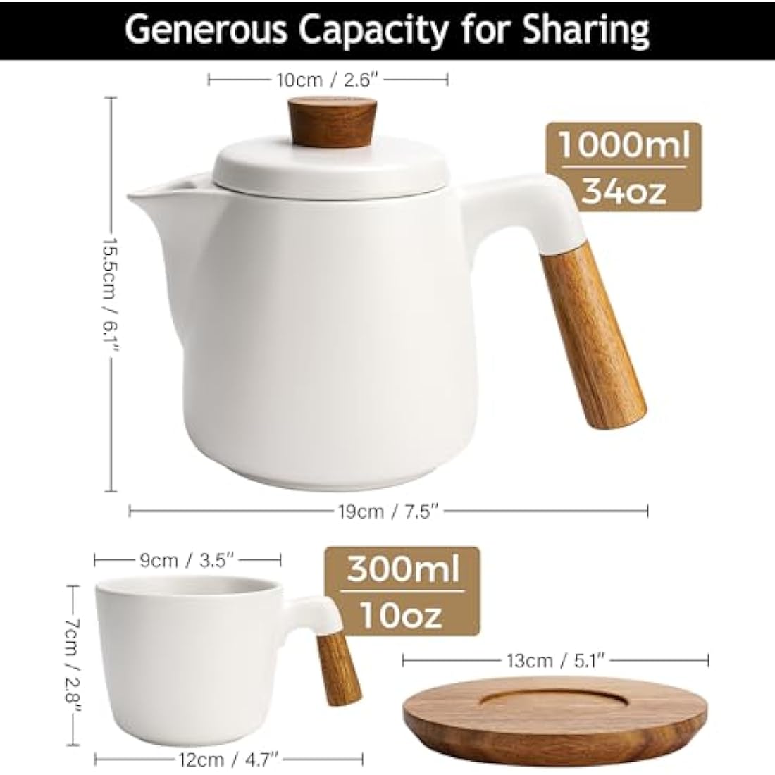 MIAMIO Ceramic Tea Pot Set with Infuser, 4 Mugs and Bamboo Saucers - White