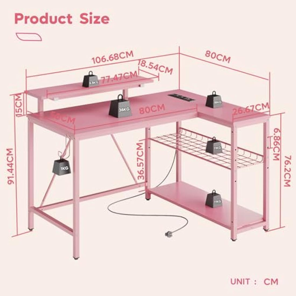 Bestier Pink L-Shaped Gaming Desk with LED Lights and Power Outlets