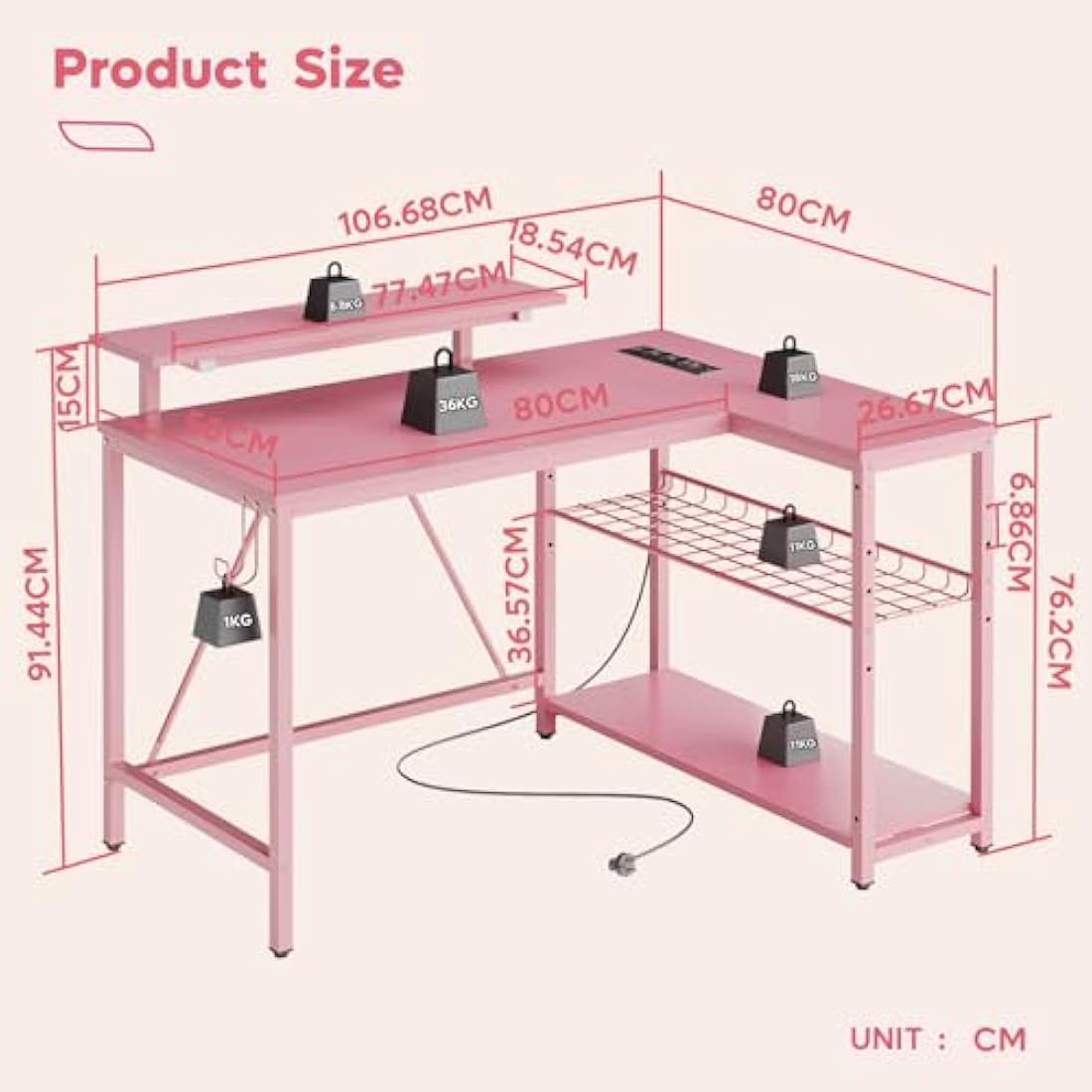 Bestier Pink L-Shaped Gaming Desk with LED Lights and Power Outlets