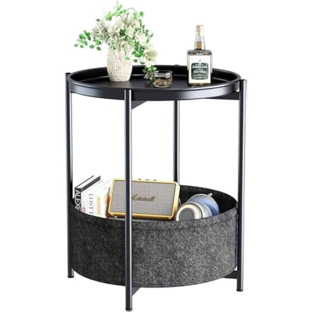 Jolof Store Round Side Table – Metal End Table with Storage Basket