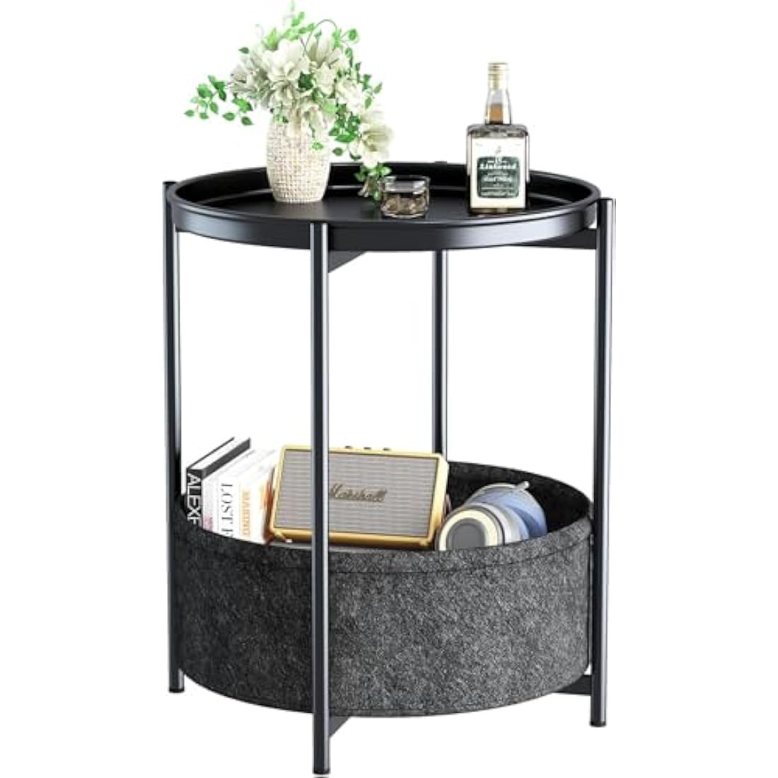 Jolof Store Round Side Table – Metal End Table with Storage Basket