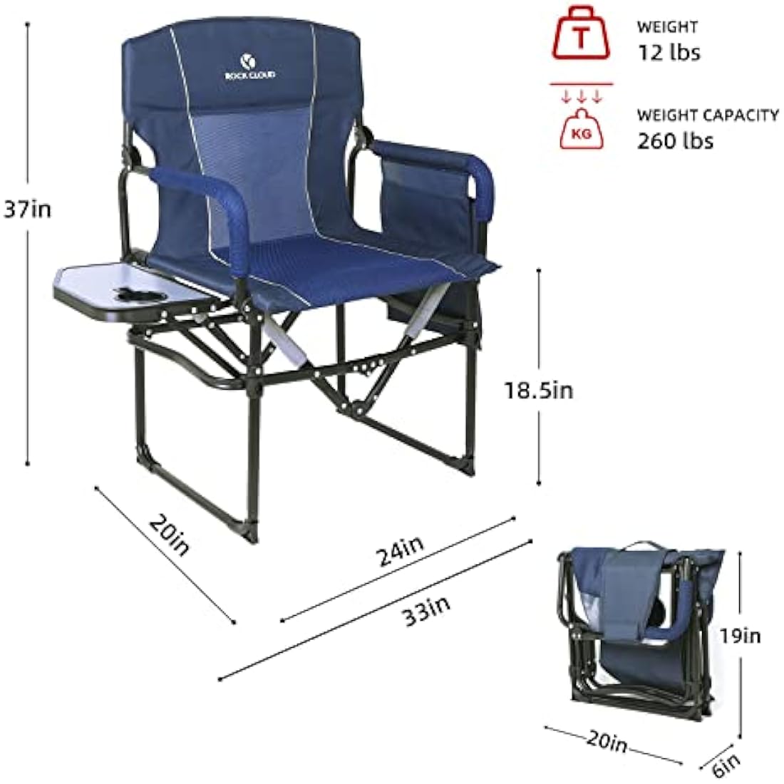 ROCK CLOUD Folding Camping Chair with Side Table – Heavy Duty Steel