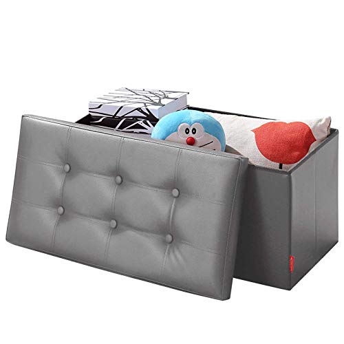 BRIAN & DANY Folding Storage Ottoman Bench | Faux Leather Foot Stool, Gray
