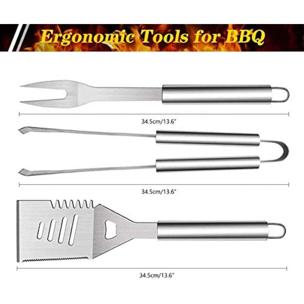 3-Piece Stainless Steel BBQ Grill Tool Set with Storage Bag