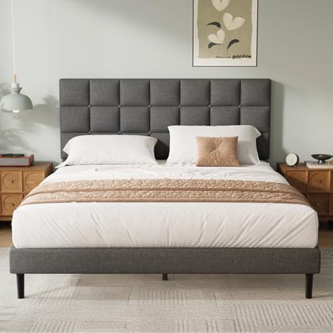 Double Upholstered Platform Bed Frame with Headboard – Gray