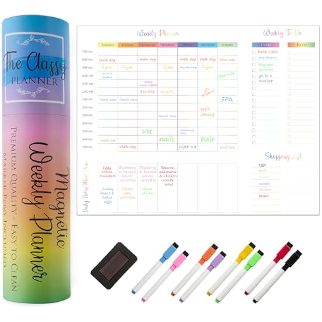 Magnetic Weekly Whiteboard Fridge Planner with 8 Markers
