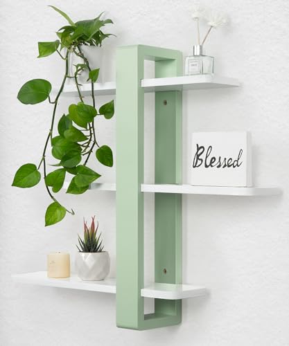SUMGAR 3-Tier Floating Shelves – White & Green Pine Wood Wall Rack