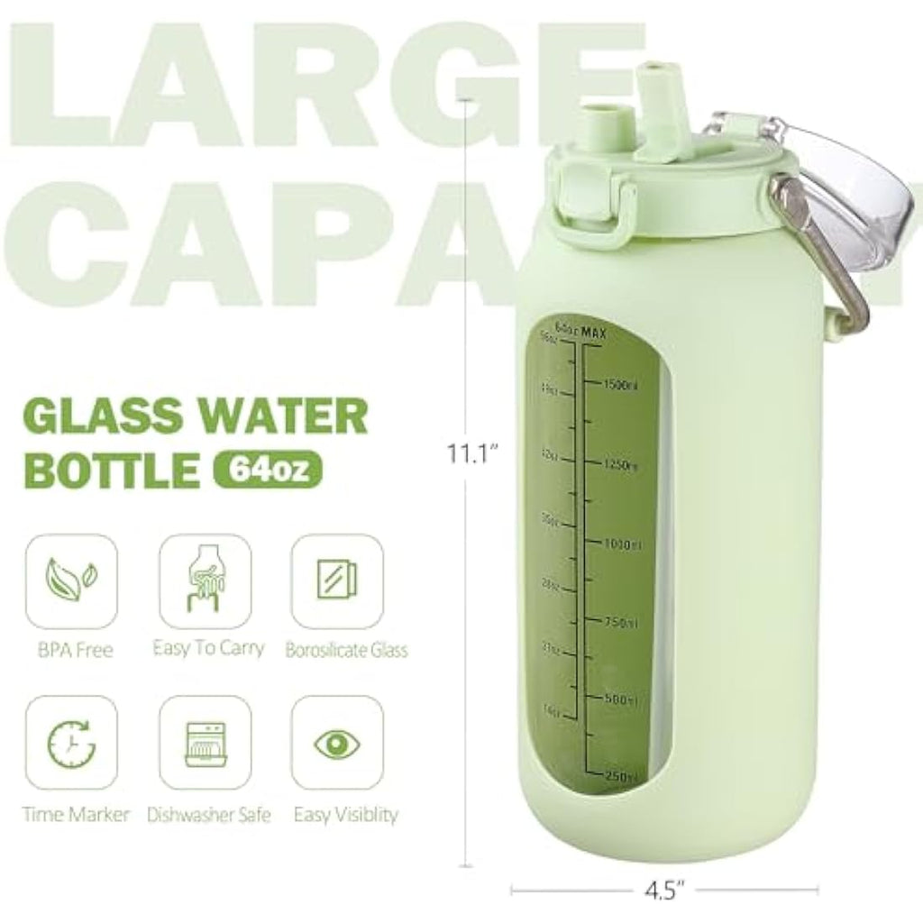 BLUEGO 2L Borosilicate Glass Water Bottle with Time Marker & Straw