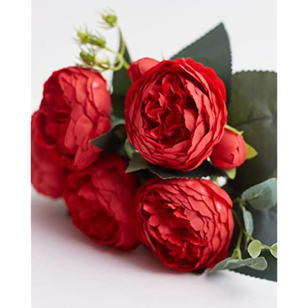 Silk Peony and Tea Rose Artificial Bouquet - Christmas Red