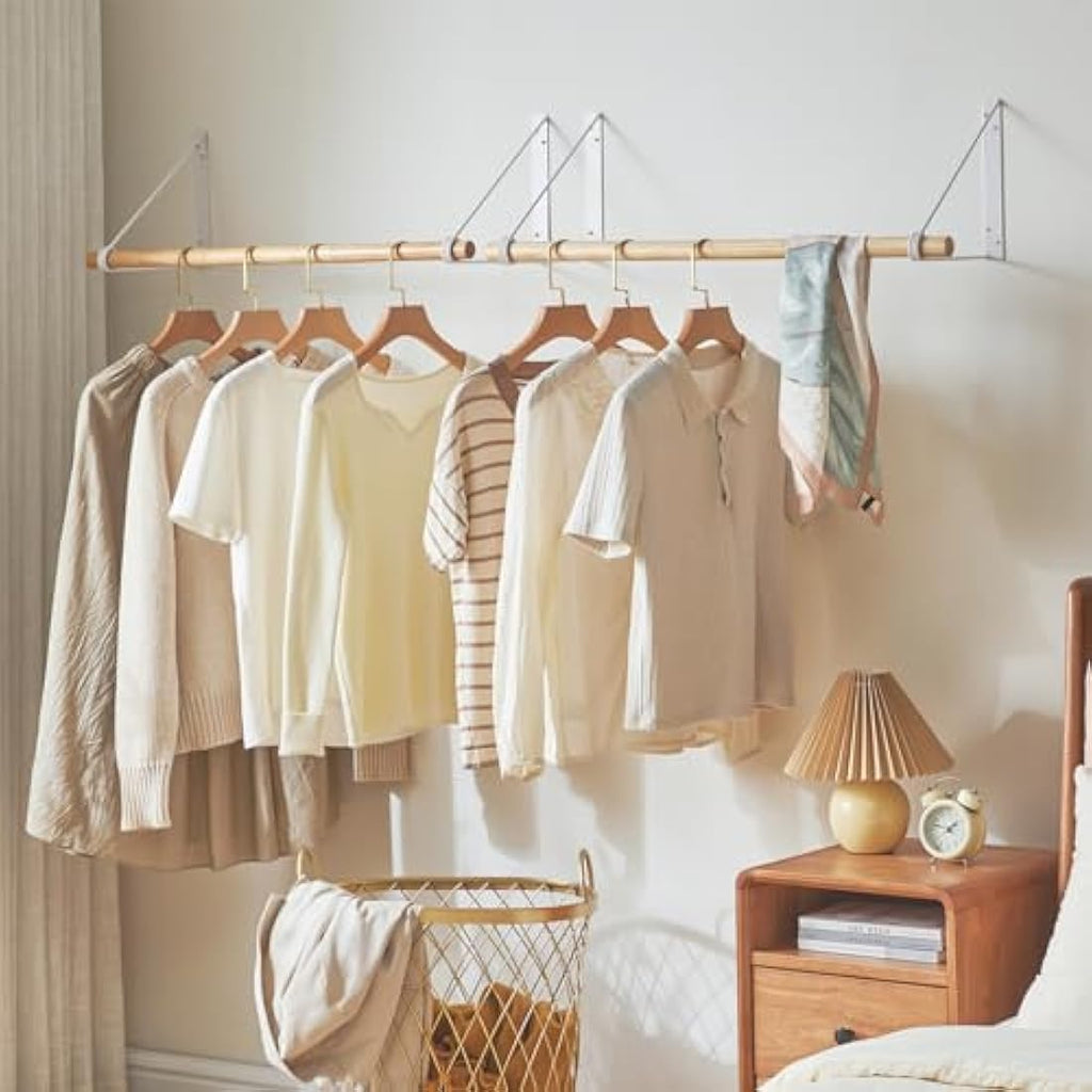 IBUYKE Wall Mounted Wood Coat Rack – Industrial White Clothes Rail