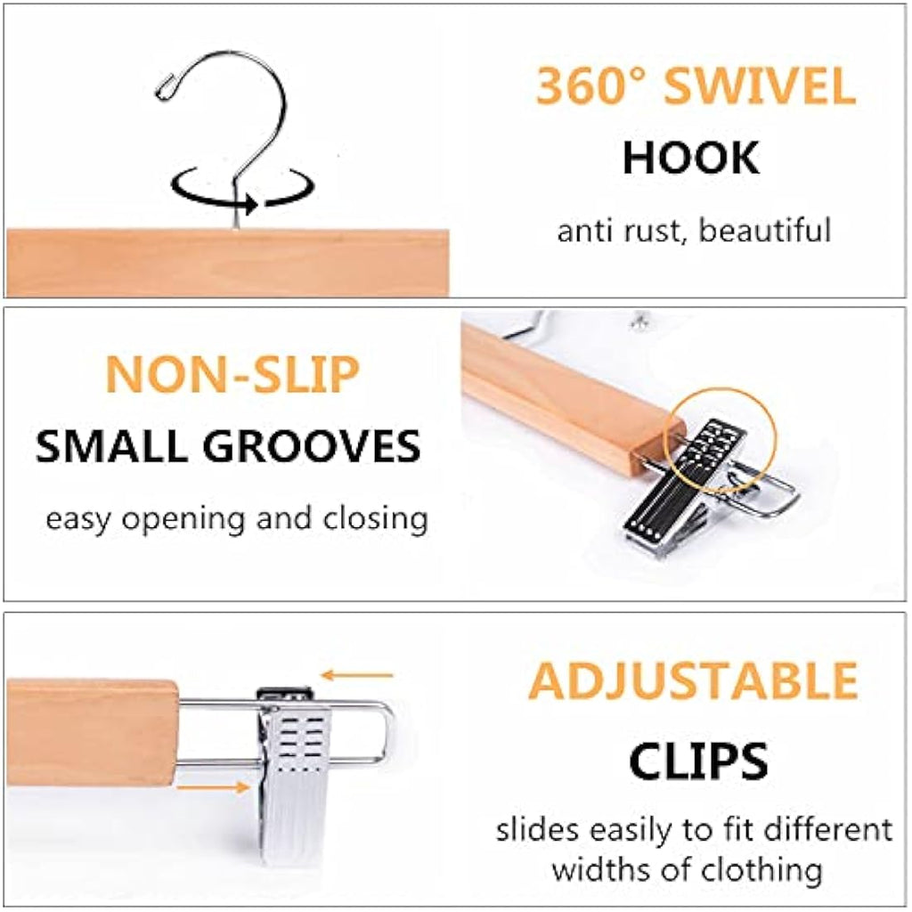 Amber Home Natural Wooden Pants Hangers with Adjustable Clips – 20 Pack