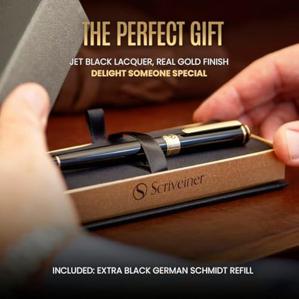 Scriveiner Black Lacquer Rollerball Pen – Gold Plated Executive Pen