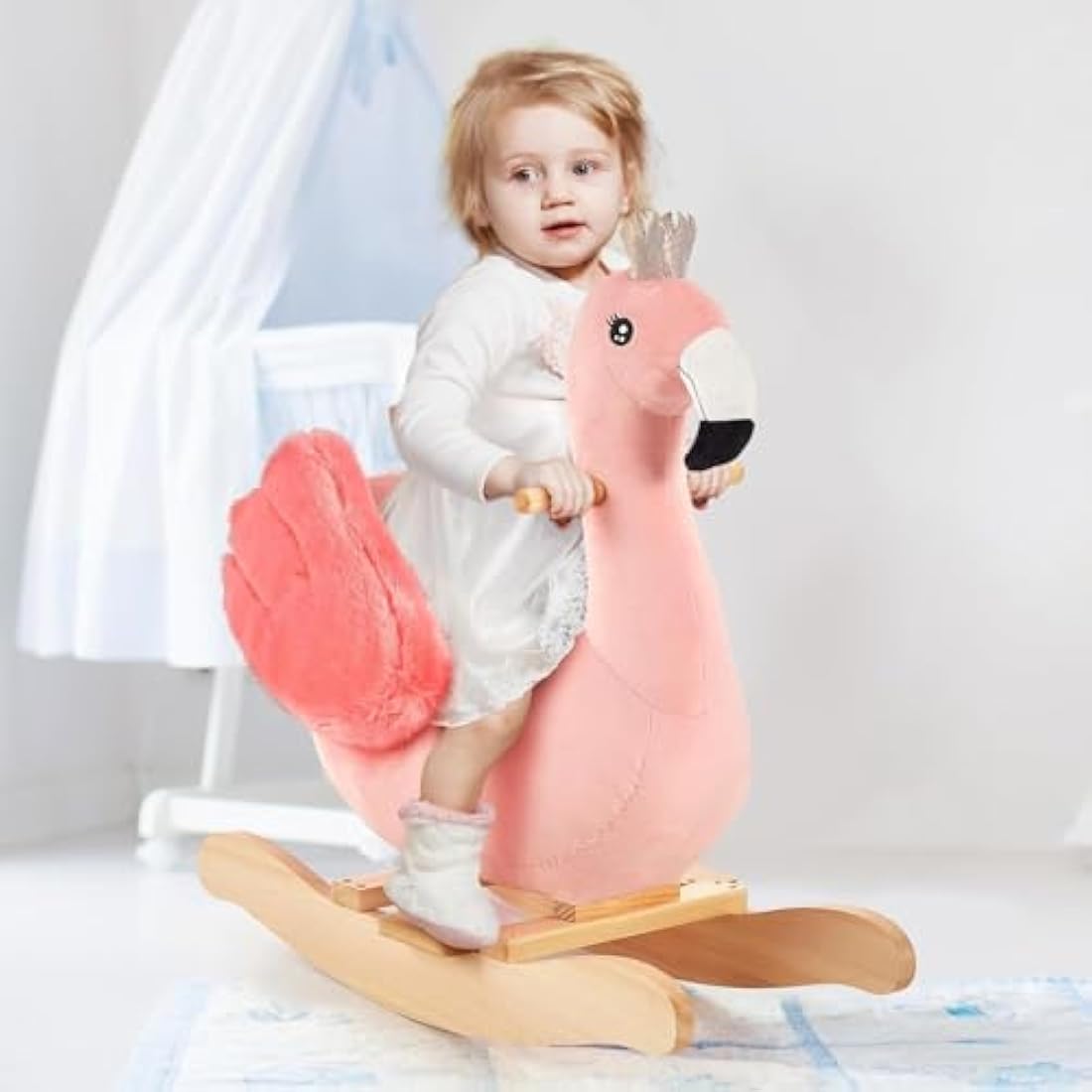 FUNLIO Flamingo Baby Rocking Horse – Plush Pink Swan Rocker for Toddlers