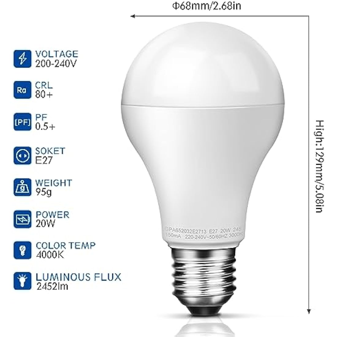 Awenia E27 LED Light Bulb 20W 4000K Daylight White A65 - 4 Pack