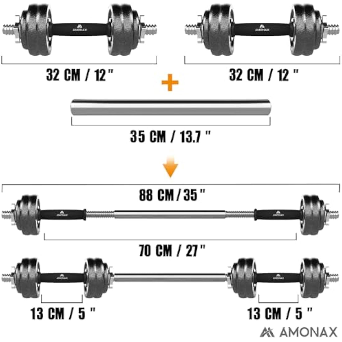 Amonax Cast Iron Adjustable Dumbbells & Barbell Set - 20kg/30kg