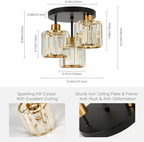 FORCOSO Crystal Ceiling Light – 3-Light Modern Black and Gold Chandelier
