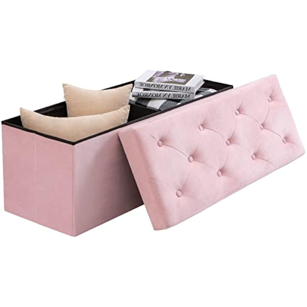 BRIAN & DANY Velvet Storage Ottoman Bench - Foldable Pink Footrest