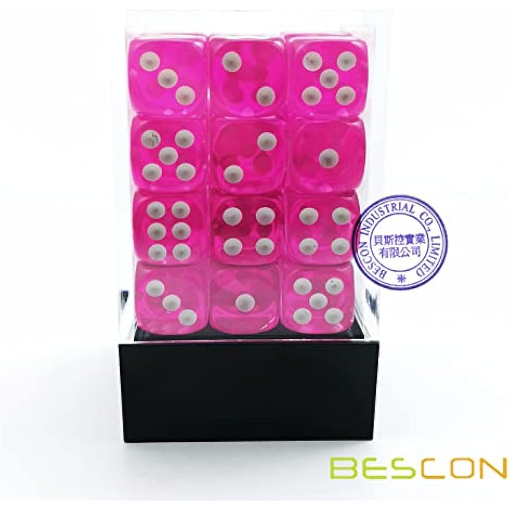 Bescon 12mm Translucent Pink 6 Sided Dice Set - 36 Piece Block of D6