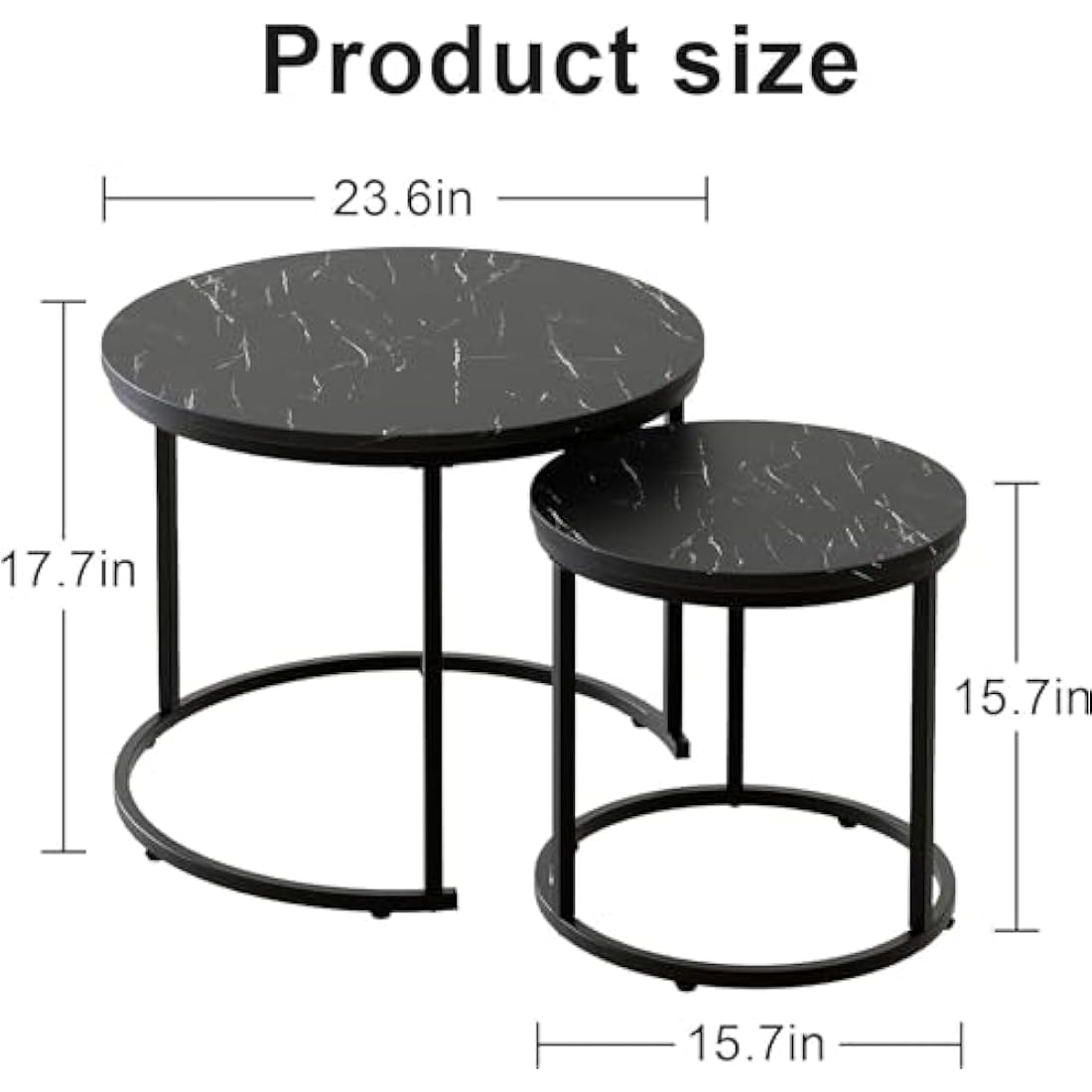 Huhote Round Nesting Coffee Tables - Set of 2 Black Marble Side Tables
