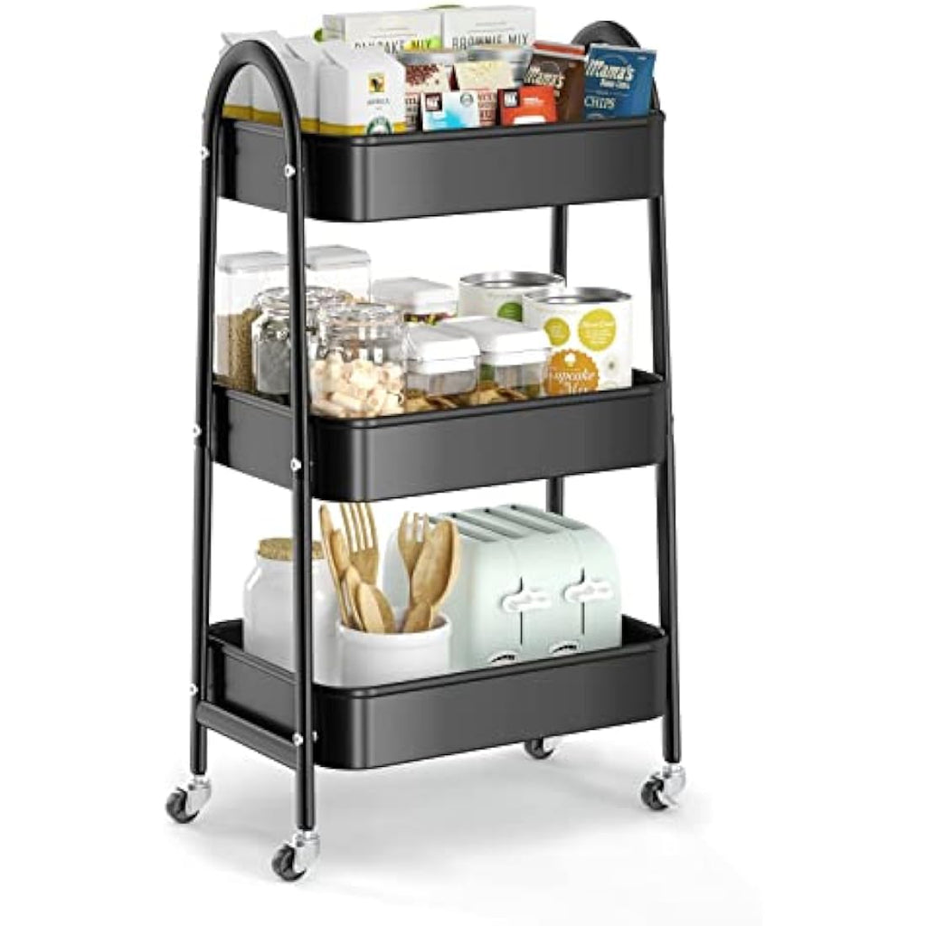 EAGMAK 3-Tier Metal Rolling Utility Cart with Handle and Wheels - Black