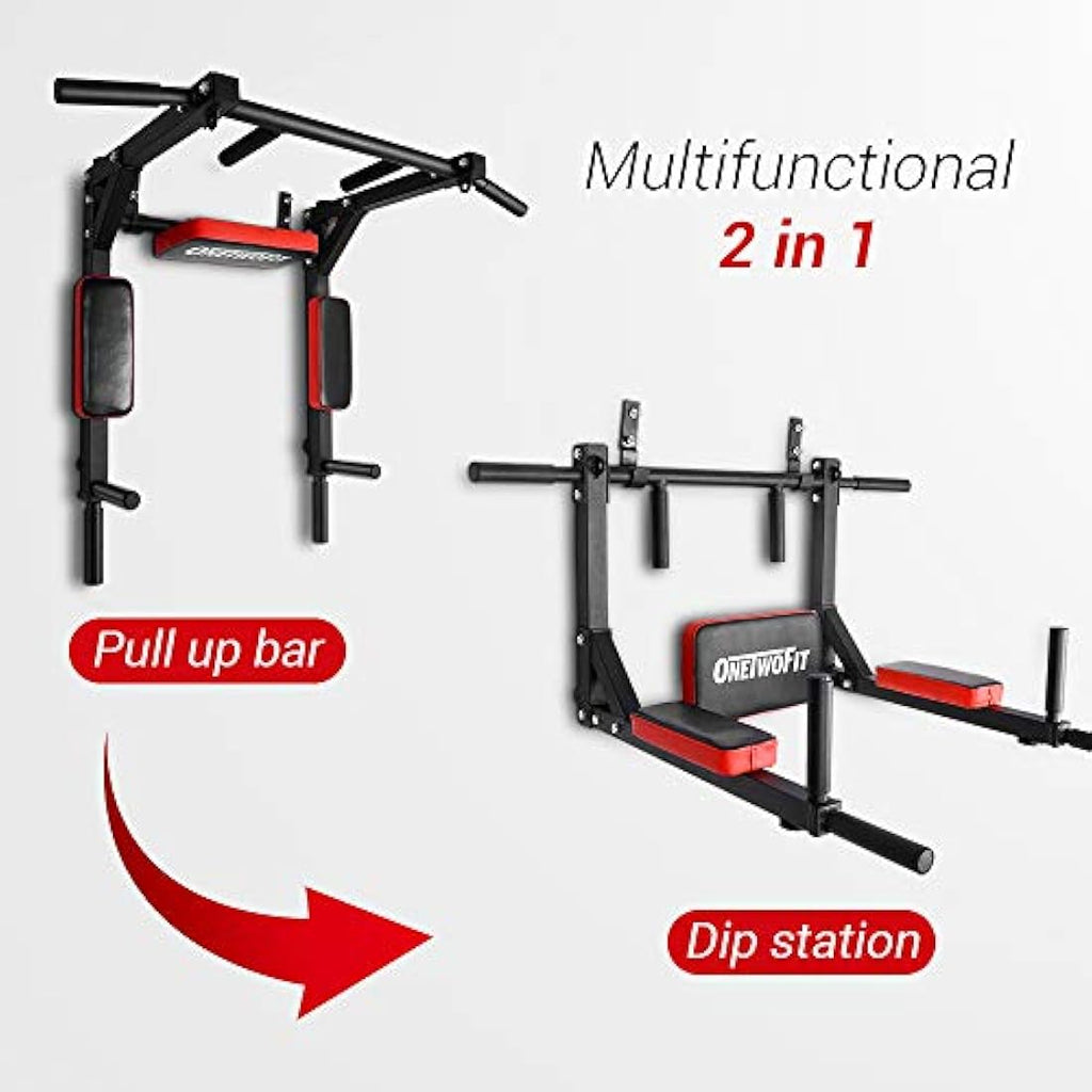 ONETWOFIT Wall Mounted Pull Up Bar & Dip Station - 440lb Home Gym Tower