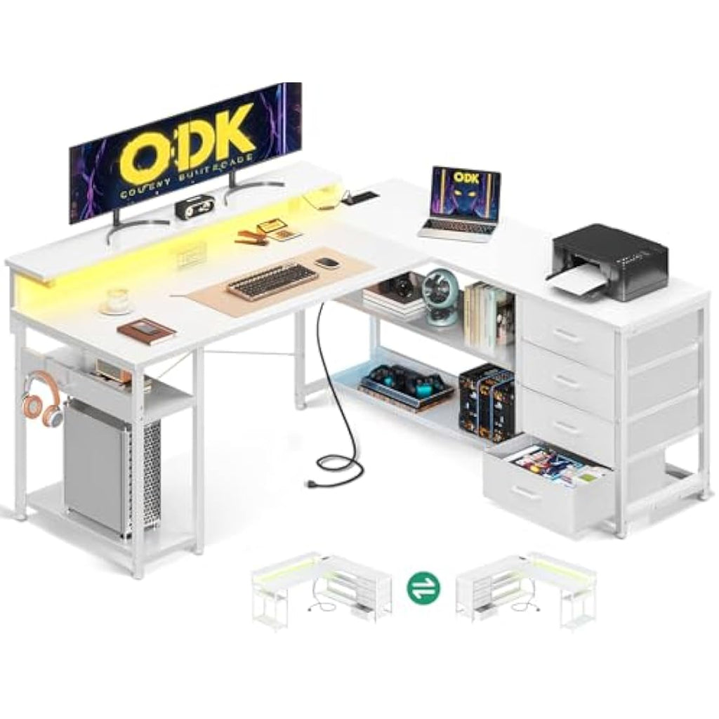 ODK L-Shaped Corner Gaming Desk with LED Lights, Drawers & Power Outlets