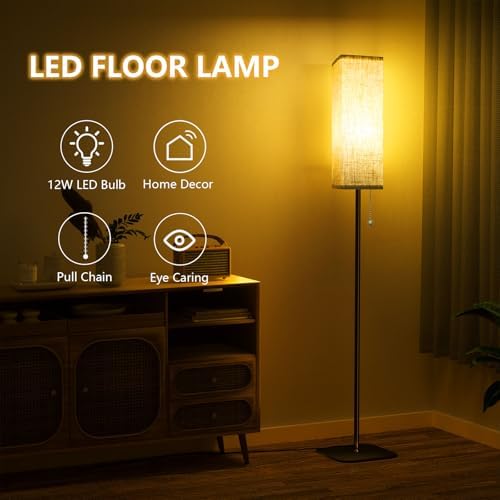 LED Floor Lamp | Modern Linen Shade Standing Lamp with Pull Chain