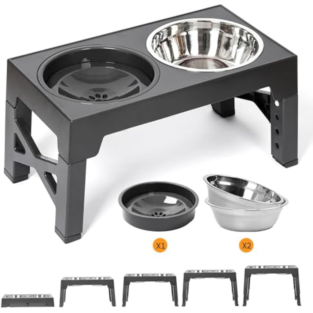 FOREYY Adjustable Elevated Dog Bowls – 5 Heights Raised Stand with 3 Bowls