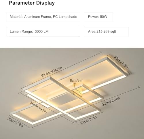 JIINOO Modern LED Chandelier – 50W Dimmable 3-Layer Square Ceiling Light