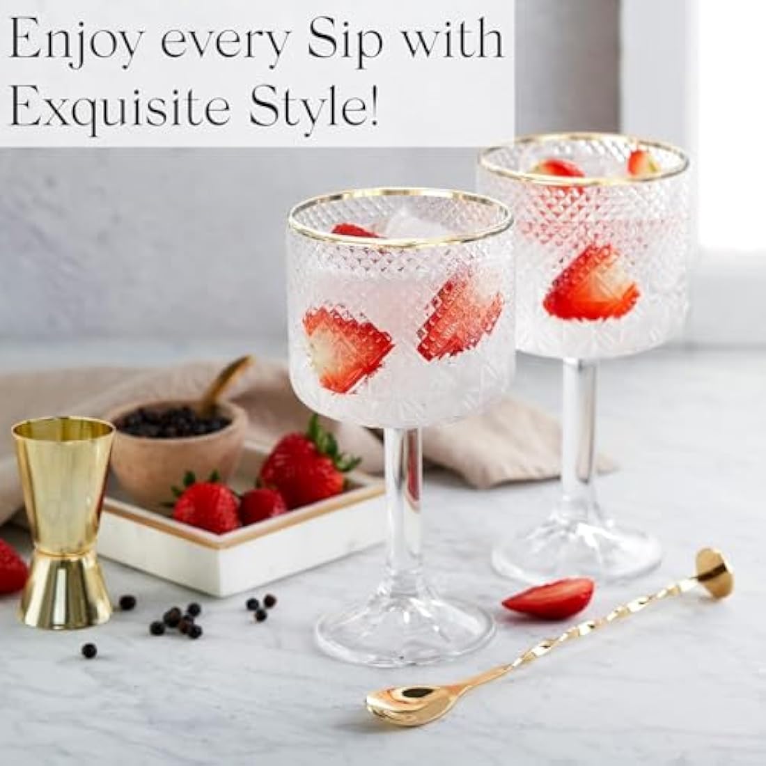 Jolof Store Gold Rimmed Gin Glasses Set of 2 | Crystal Cut Copa Gift Set