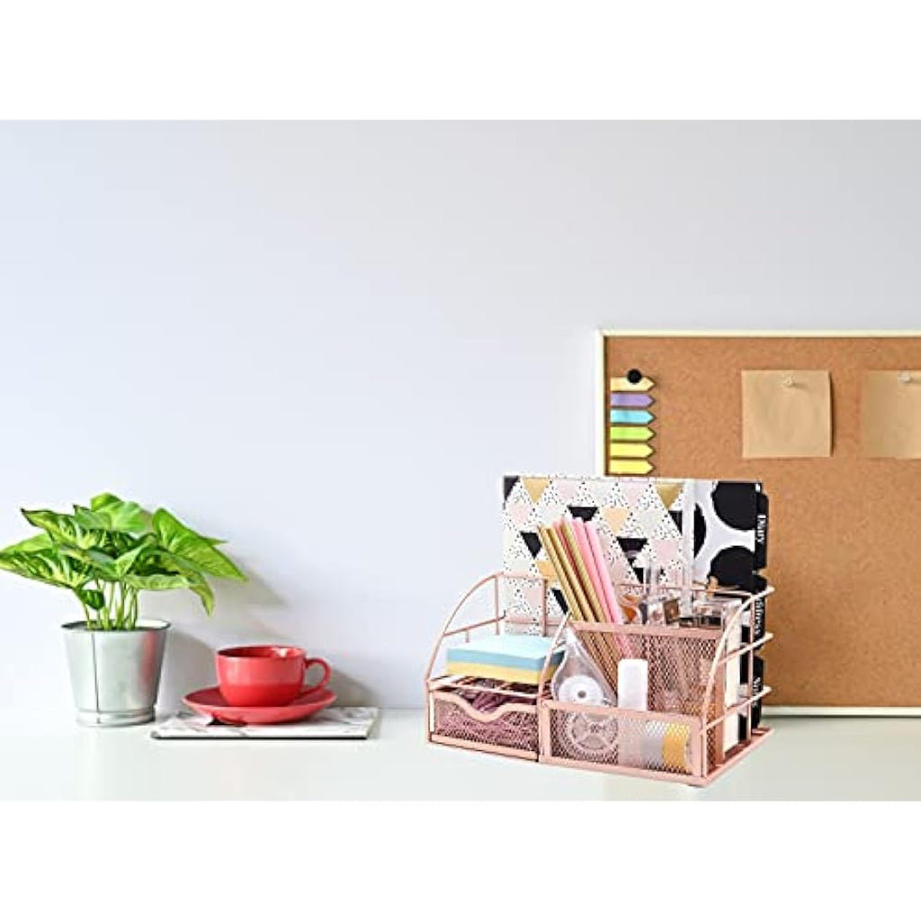 Exerz Mesh Desk Organiser | 7-Compartment Metal Tidy Caddy – Rose Gold
