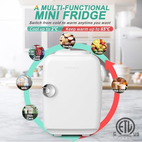 CROWNFUL 4L Mini Fridge | Portable Cooler and Warmer for Skincare - White