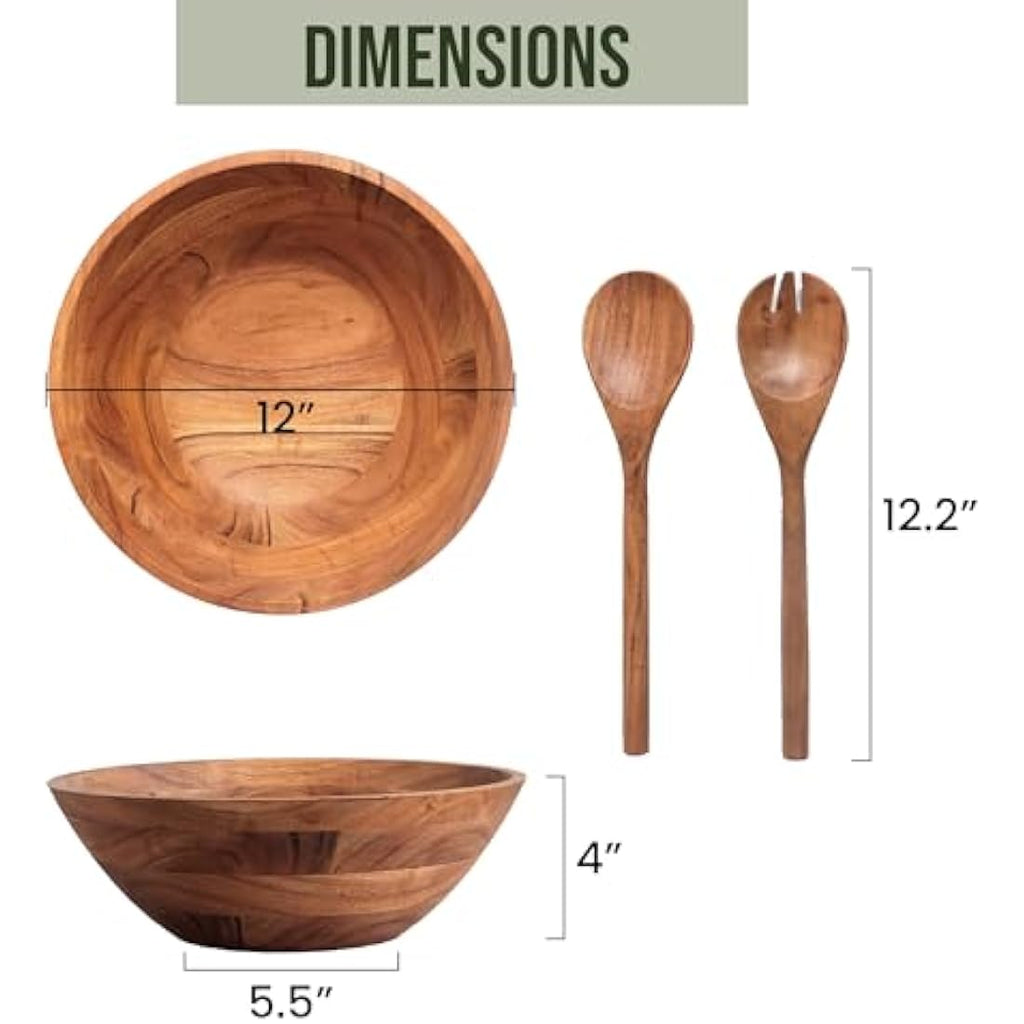 Jolof Store Large Wooden Salad Bowl Set – Handmade 12-Inch Serving Bowl
