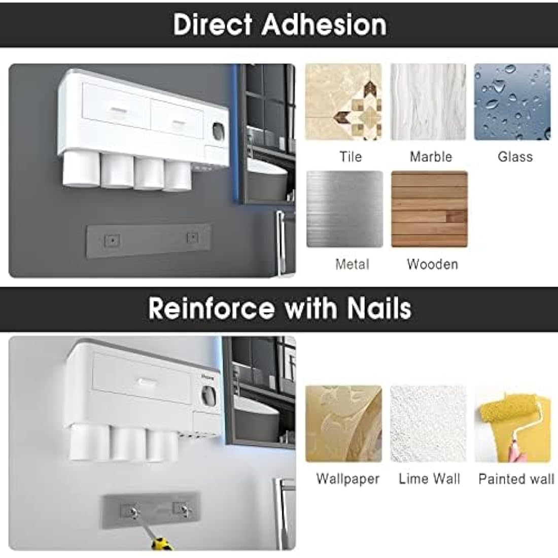 iHave Wall Mounted Toothbrush Holder with 4 Cups & Toothpaste Dispenser