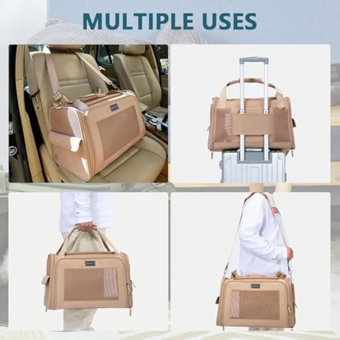 Petsfit Soft-Sided Pet Carrier | Expandable Oxford Mesh Travel Bag, Khaki