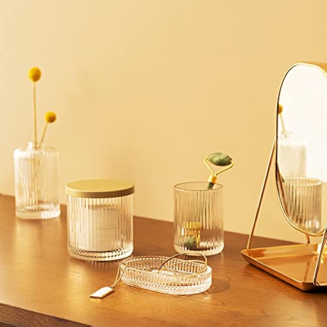 Navaris 4-Piece Ribbed Glass Bathroom Set | Clear & Gold Vanity Decor