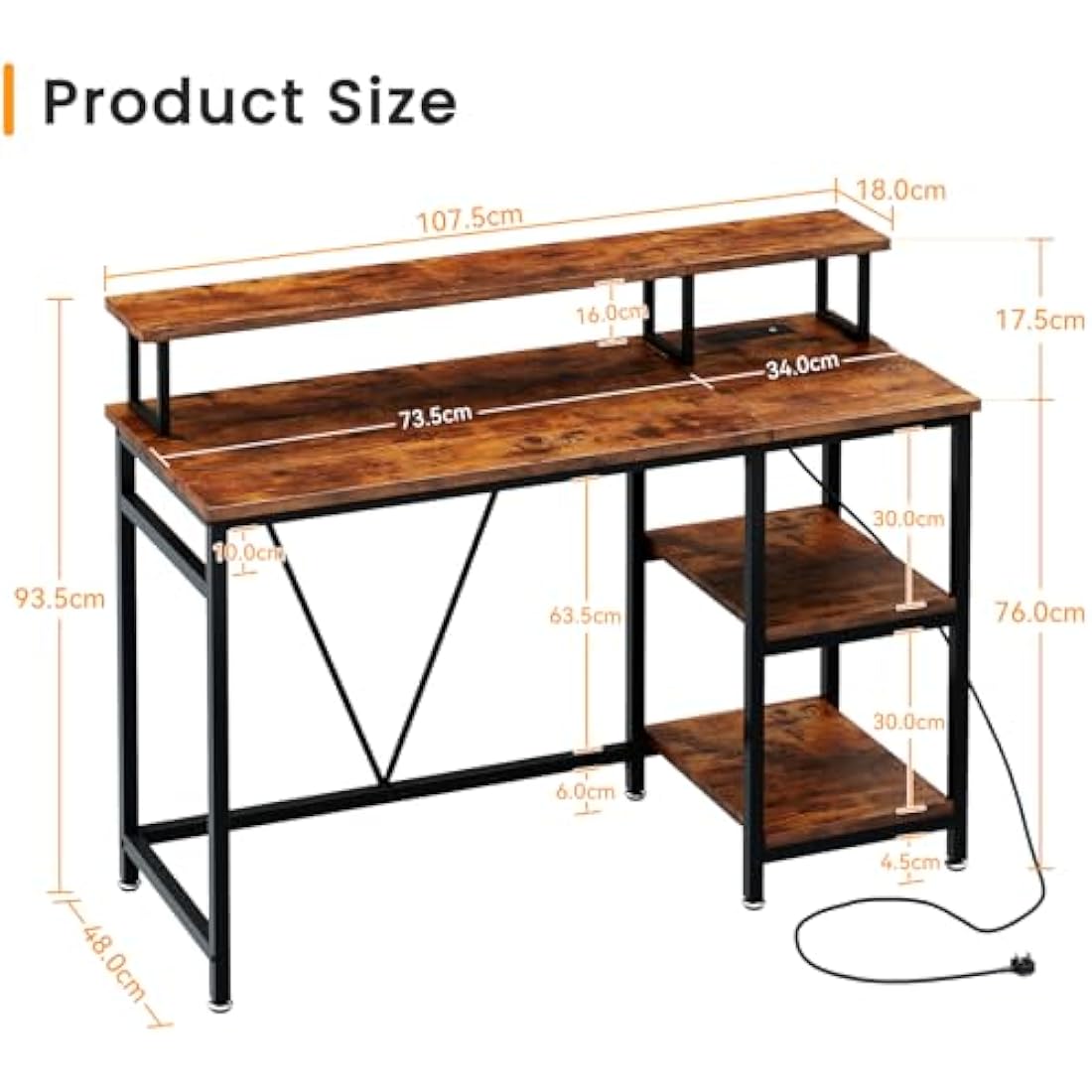 Dripex Computer Desk with Power Outlet, Monitor Stand & Reversible Shelves