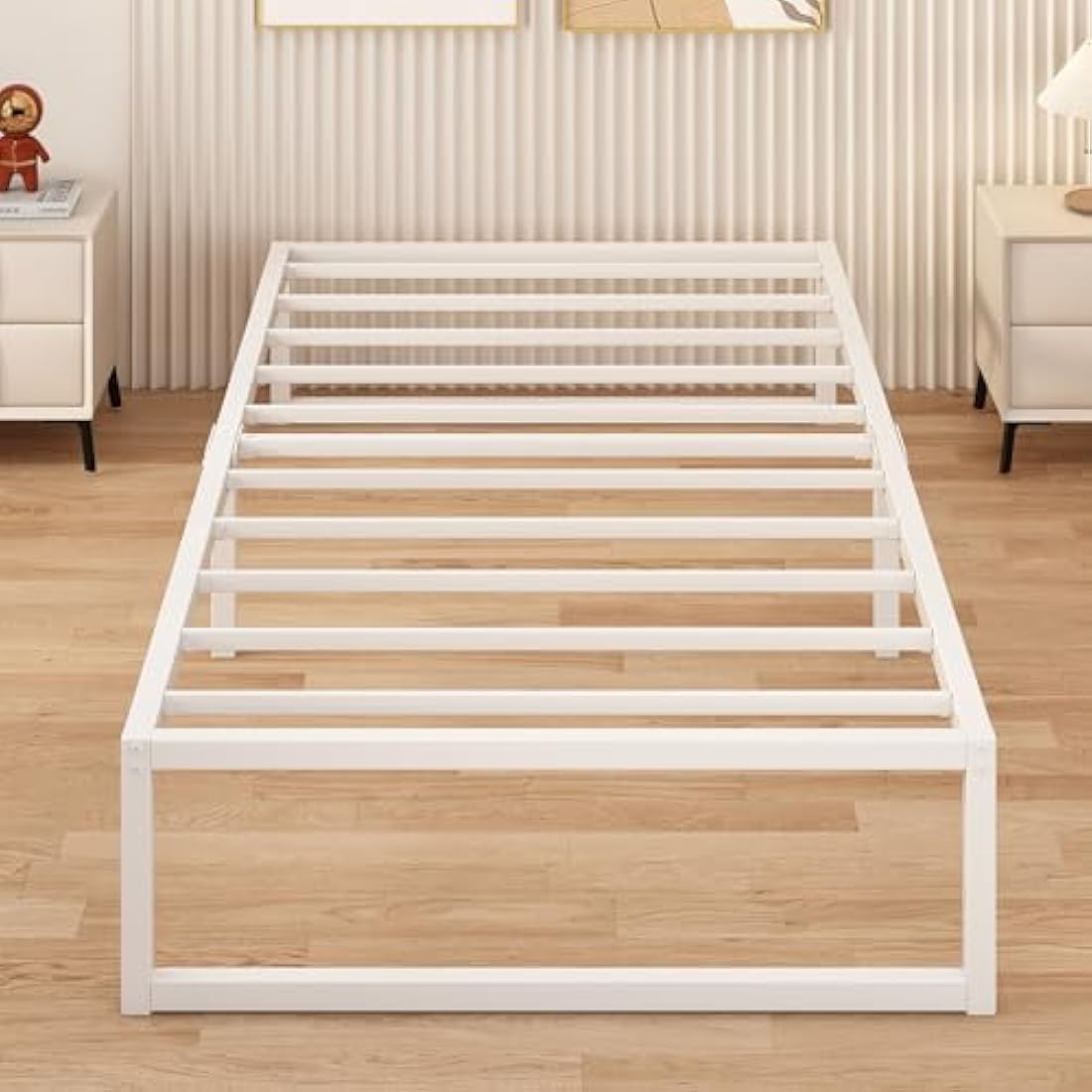 Single Metal Bed Frame – 90x190cm Steel Slat Support, White