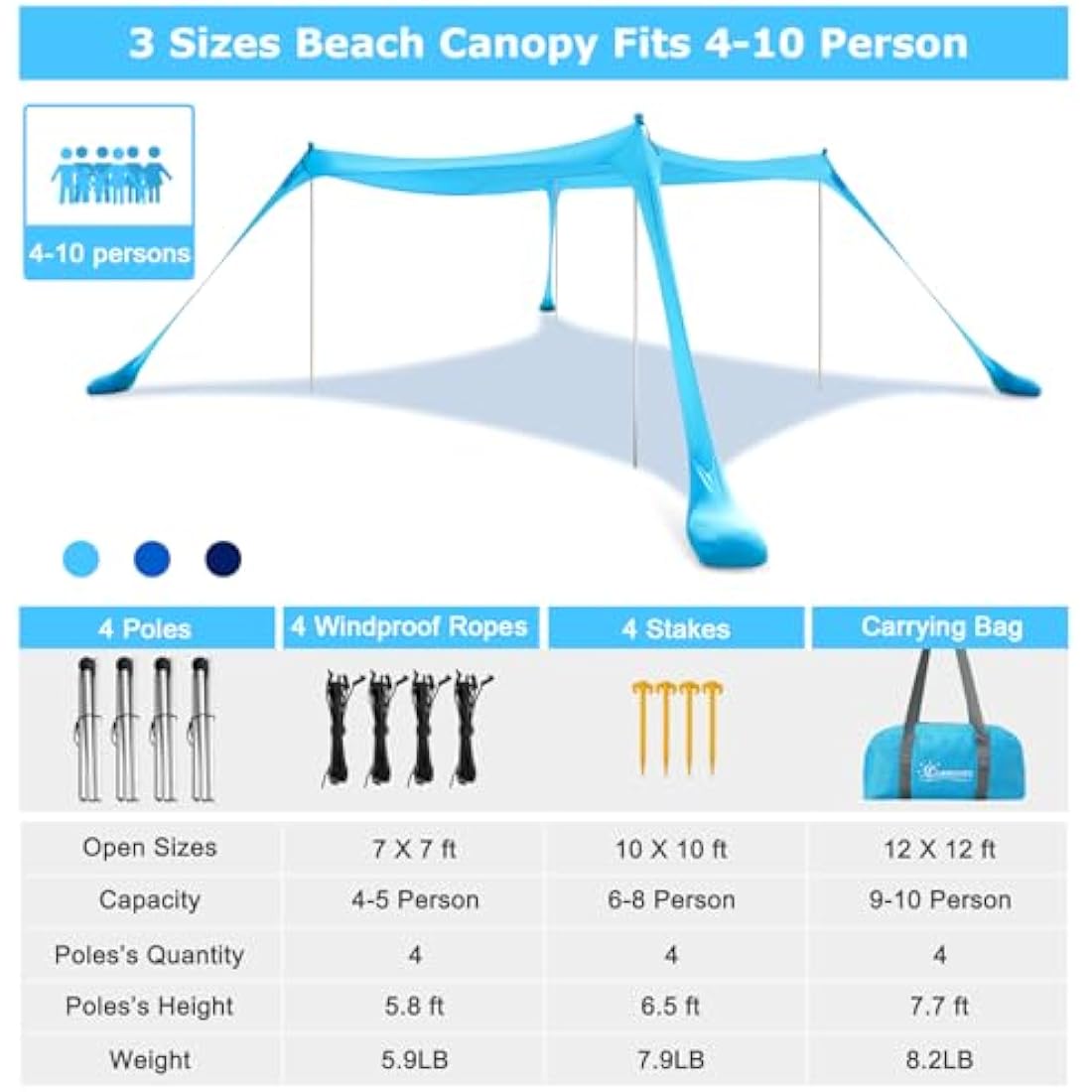 COMMOUDS Beach Tent Sun Shelter | UPF50+ Portable Canopy with 4 Poles