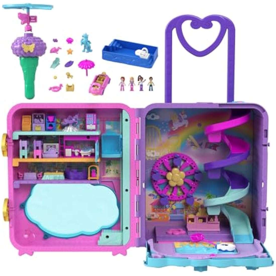 Polly Pocket Pollyville Resort Roll Away Playset with 4 Dolls & 30 Pieces