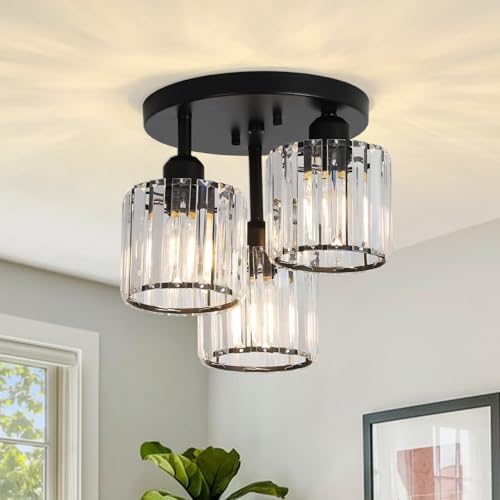 Rayofly Modern 3-Light Crystal Chandelier | Black Semi Flush Ceiling Light
