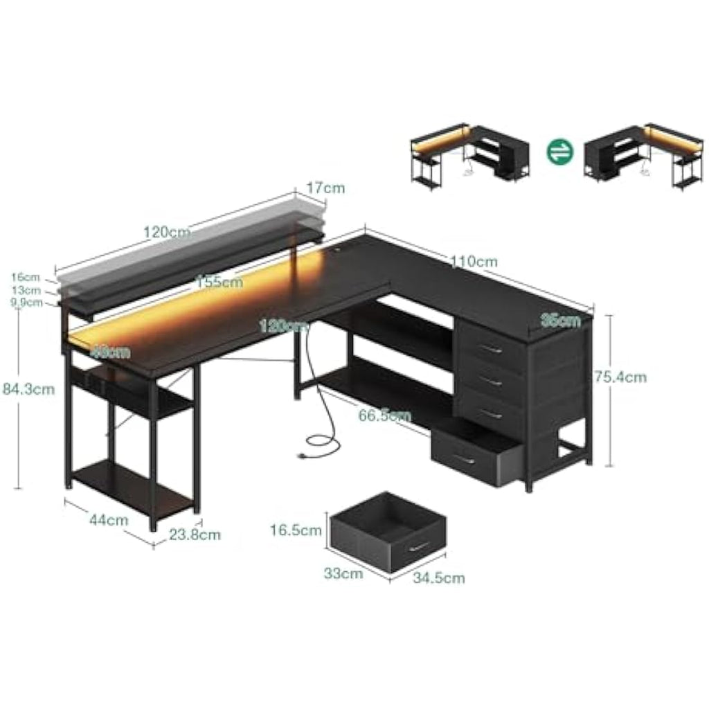 ODK L-Shaped Gaming Desk with LED Lights, Power Outlets & Drawers - Black