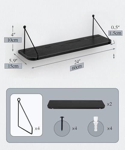 SUMGAR Black Floating Shelves – 60cm Modern Wood Wall Storage, Set of 2