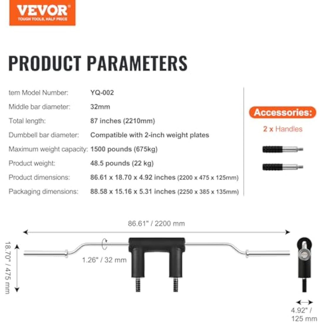 VEVOR Safety Squat Bar | 1500 LBS Capacity A3 Steel Barbell for Home Gym