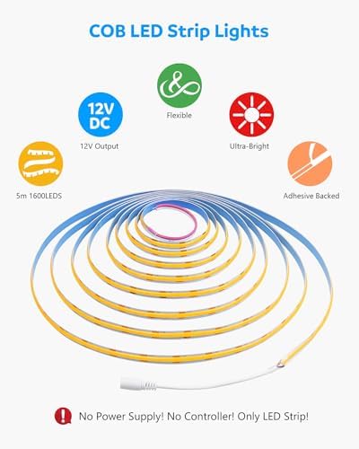 Aclorol COB LED Strip Light – 5M 12V Warm White 3000K Flexible Tape
